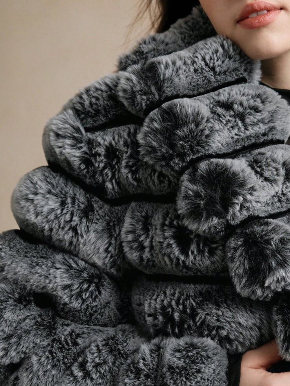 Black And White Plain Women's Fuzzy Single-Breasted Long Coat - Picture 6 of 8